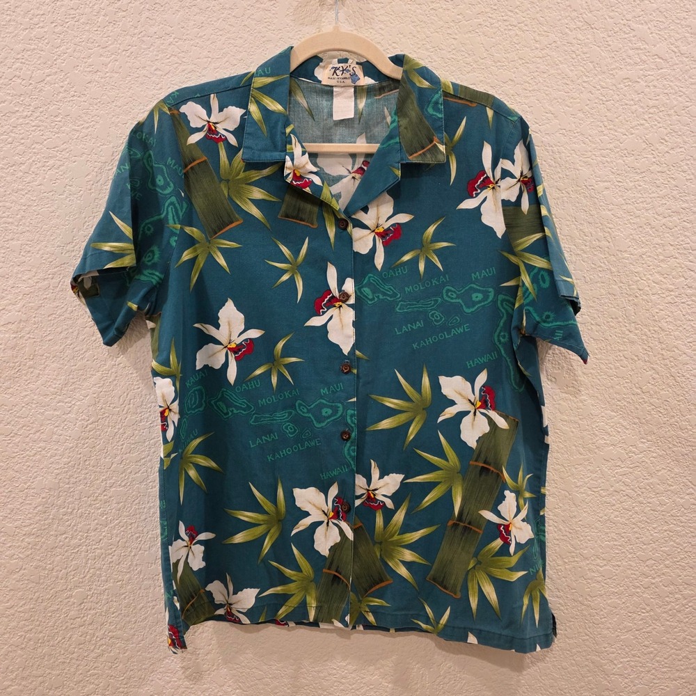 VTG KY's Hawaiian Aloha Shirt Mens L Teal Tropical Orchid Bamboo Made In USA